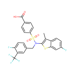 Cc1c(N(Cc2ccc(F)c(C(F)(F)F)c2)S(=O)(=O)c2ccc(C(=O)O)cc2)sc2cc(F)ccc12 ZINC000115234445