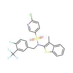 Cc1c(N(Cc2ccc(F)c(C(F)(F)F)c2)S(=O)(=O)c2ccc(Cl)nc2)sc2ccccc12 ZINC000115232795