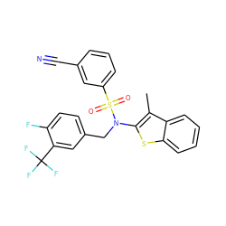 Cc1c(N(Cc2ccc(F)c(C(F)(F)F)c2)S(=O)(=O)c2cccc(C#N)c2)sc2ccccc12 ZINC000115231748