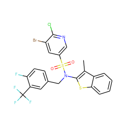 Cc1c(N(Cc2ccc(F)c(C(F)(F)F)c2)S(=O)(=O)c2cnc(Cl)c(Br)c2)sc2ccccc12 ZINC000115231262