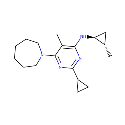 Cc1c(N[C@H]2C[C@@H]2C)nc(C2CC2)nc1N1CCCCCC1 ZINC000034802270