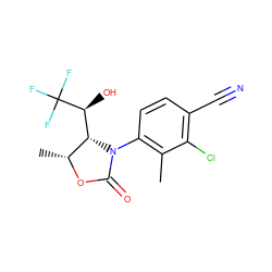 Cc1c(N2C(=O)O[C@H](C)[C@@H]2[C@H](O)C(F)(F)F)ccc(C#N)c1Cl ZINC000115763859