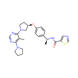 Cc1c(N2CCCC2)ncnc1N1CC[C@@H](Oc2ccc([C@H](C)NC(=O)c3cncs3)cc2)C1 ZINC000261130674