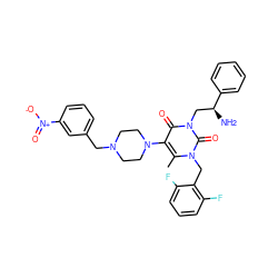 Cc1c(N2CCN(Cc3cccc([N+](=O)[O-])c3)CC2)c(=O)n(C[C@H](N)c2ccccc2)c(=O)n1Cc1c(F)cccc1F ZINC000116976446