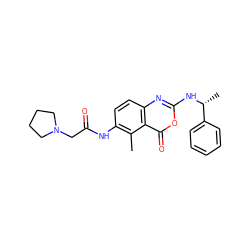 Cc1c(NC(=O)CN2CCCC2)ccc2nc(N[C@H](C)c3ccccc3)oc(=O)c12 ZINC000006520516