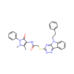 Cc1c(NC(=O)CSc2nnc3c4ccccc4n(CCc4ccccc4)c3n2)c(=O)n(-c2ccccc2)n1C ZINC000000708726