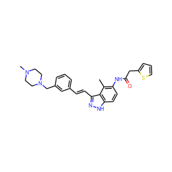 Cc1c(NC(=O)Cc2cccs2)ccc2[nH]nc(/C=C/c3cccc(CN4CCN(C)CC4)c3)c12 ZINC000049115711