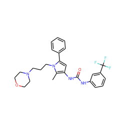 Cc1c(NC(=O)Nc2cccc(C(F)(F)F)c2)cc(-c2ccccc2)n1CCCN1CCOCC1 ZINC000205357591