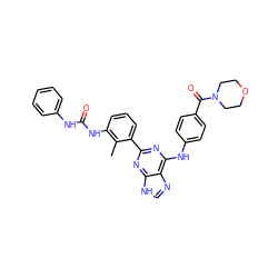 Cc1c(NC(=O)Nc2ccccc2)cccc1-c1nc(Nc2ccc(C(=O)N3CCOCC3)cc2)c2nc[nH]c2n1 ZINC000169341183