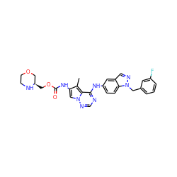 Cc1c(NC(=O)OC[C@@H]2COCCN2)cn2ncnc(Nc3ccc4c(cnn4Cc4cccc(F)c4)c3)c12 ZINC000006717782