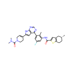 Cc1c(NC(=O)c2cc3c(s2)CC[C@@H](C)C3)cc(F)cc1-c1ncnc2[nH]c(C3=CCN(C(=O)N(C)C)CC3)cc12 ZINC000142896055