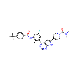 Cc1c(NC(=O)c2ccc(C(C)(C)C)cc2)cc(F)cc1-c1ncnc2[nH]c(C3=CCN(C(=O)N(C)C)CC3)cc12 ZINC000142901568