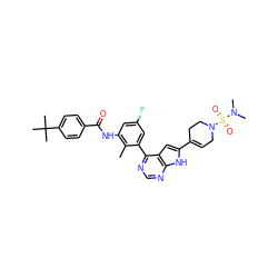 Cc1c(NC(=O)c2ccc(C(C)(C)C)cc2)cc(F)cc1-c1ncnc2[nH]c(C3=CCN(S(=O)(=O)N(C)C)CC3)cc12 ZINC000142940350