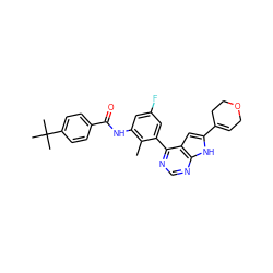 Cc1c(NC(=O)c2ccc(C(C)(C)C)cc2)cc(F)cc1-c1ncnc2[nH]c(C3=CCOCC3)cc12 ZINC000142942286