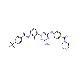 Cc1c(NC(=O)c2ccc(C(C)(C)C)cc2)cccc1-c1nc(N)nc(Nc2ccc(C(=O)N3CCOCC3)cc2)n1 ZINC000205861336