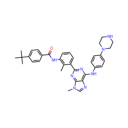 Cc1c(NC(=O)c2ccc(C(C)(C)C)cc2)cccc1-c1nc(Nc2ccc(N3CCNCC3)cc2)c2ncn(C)c2n1 ZINC000169341150