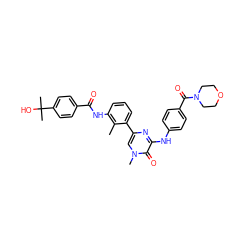 Cc1c(NC(=O)c2ccc(C(C)(C)O)cc2)cccc1-c1cn(C)c(=O)c(Nc2ccc(C(=O)N3CCOCC3)cc2)n1 ZINC000115156651