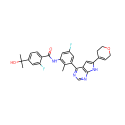 Cc1c(NC(=O)c2ccc(C(C)(C)O)cc2F)cc(F)cc1-c1ncnc2[nH]c(C3=CCOCC3)cc12 ZINC000142870354