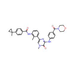 Cc1c(NC(=O)c2ccc(C3(C)CC3)cc2)cccc1-c1cn(C)c(=O)c(Nc2ccc(C(=O)N3CCOCC3)cc2)n1 ZINC000299866867