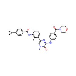 Cc1c(NC(=O)c2ccc(C3CC3)cc2)cccc1-c1cn(C)c(=O)c(Nc2ccc(C(=O)N3CCOCC3)cc2)n1 ZINC000115157818