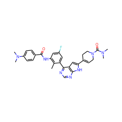 Cc1c(NC(=O)c2ccc(N(C)C)cc2)cc(F)cc1-c1ncnc2[nH]c(C3=CCN(C(=O)N(C)C)CC3)cc12 ZINC000142958836