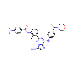 Cc1c(NC(=O)c2ccc(N(C)C)cc2)cccc1-c1nc(Nc2ccc(C(=O)N3CCOCC3)cc2)c2ncc(N)n2n1 ZINC000084672420