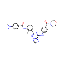 Cc1c(NC(=O)c2ccc(N(C)C)cc2)cccc1-c1nc(Nc2ccc(C(=O)N3CCOCC3)cc2)c2nccn2n1 ZINC000084672419