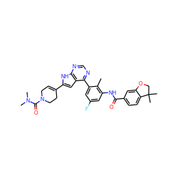 Cc1c(NC(=O)c2ccc3c(c2)OCC3(C)C)cc(F)cc1-c1ncnc2[nH]c(C3=CCN(C(=O)N(C)C)CC3)cc12 ZINC000142901780