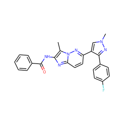 Cc1c(NC(=O)c2ccccc2)nc2ccc(-c3cn(C)nc3-c3ccc(F)cc3)nn12 ZINC000220873754