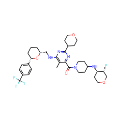Cc1c(NC[C@H]2CCC[C@@H](c3ccc(C(F)(F)F)cc3)O2)nc(C2CCOCC2)nc1C(=O)N1CCC(N[C@H]2CCOC[C@H]2F)CC1 ZINC000095589667