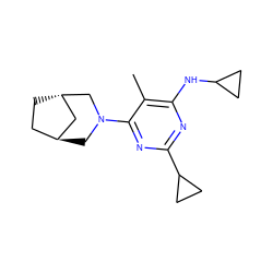 Cc1c(NC2CC2)nc(C2CC2)nc1N1C[C@H]2CC[C@@H](C2)C1 ZINC000101075832