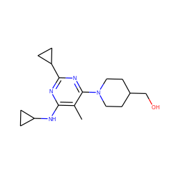 Cc1c(NC2CC2)nc(C2CC2)nc1N1CCC(CO)CC1 ZINC000028571475