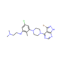 Cc1c(NCCN(C)C)cc(Cl)cc1N1CCN(c2ncnc3[nH]nc(Br)c23)CC1 ZINC000013987191