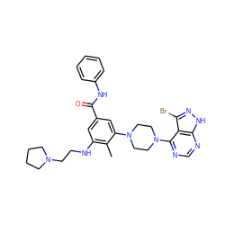 Cc1c(NCCN2CCCC2)cc(C(=O)Nc2ccccc2)cc1N1CCN(c2ncnc3[nH]nc(Br)c23)CC1 ZINC000084633072