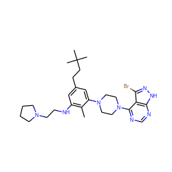 Cc1c(NCCN2CCCC2)cc(CCC(C)(C)C)cc1N1CCN(c2ncnc3[nH]nc(Br)c23)CC1 ZINC000084616380