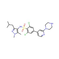 Cc1c(NS(=O)(=O)c2c(Cl)cc(-c3ccnc(N4CCNCC4)c3)cc2Cl)c(CC(C)C)nn1C ZINC000098209285