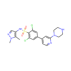 Cc1c(NS(=O)(=O)c2c(Cl)cc(-c3ccnc(N4CCNCC4)c3)cc2Cl)cnn1C ZINC000117312413