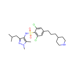 Cc1c(NS(=O)(=O)c2c(Cl)cc(CCCC3CCNCC3)cc2Cl)c(CC(C)C)nn1C ZINC001772630174