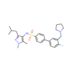 Cc1c(NS(=O)(=O)c2ccc(-c3ccc(F)c(CN4CCCC4)c3)cc2)c(CC(C)C)nn1C ZINC000140247970