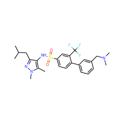 Cc1c(NS(=O)(=O)c2ccc(-c3cccc(CN(C)C)c3)c(C(F)(F)F)c2)c(CC(C)C)nn1C ZINC000140278381