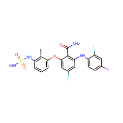 Cc1c(NS(N)(=O)=O)cccc1Oc1cc(F)cc(Nc2ccc(I)cc2F)c1C(N)=O ZINC000653802056