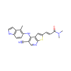 Cc1c(Nc2c(C#N)cnc3sc(/C=C/C(=O)N(C)C)cc23)ccc2[nH]ccc12 ZINC000040917535