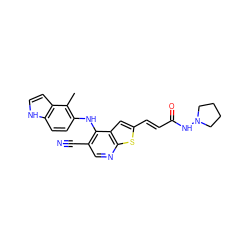 Cc1c(Nc2c(C#N)cnc3sc(/C=C/C(=O)NN4CCCC4)cc23)ccc2[nH]ccc12 ZINC000040407183