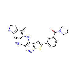 Cc1c(Nc2c(C#N)cnc3sc(-c4cccc(C(=O)N5CCCC5)c4)cc23)ccc2[nH]ccc12 ZINC000040918455