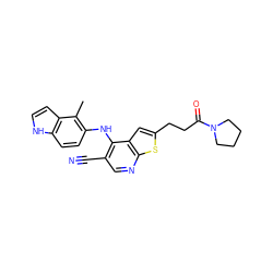 Cc1c(Nc2c(C#N)cnc3sc(CCC(=O)N4CCCC4)cc23)ccc2[nH]ccc12 ZINC000040917977