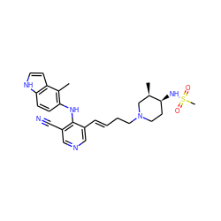 Cc1c(Nc2c(C#N)cncc2/C=C/CCN2CC[C@H](NS(C)(=O)=O)[C@H](C)C2)ccc2[nH]ccc12 ZINC000045351360