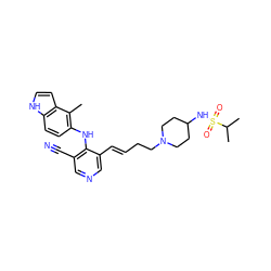 Cc1c(Nc2c(C#N)cncc2/C=C/CCN2CCC(NS(=O)(=O)C(C)C)CC2)ccc2[nH]ccc12 ZINC000045358070