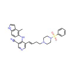 Cc1c(Nc2c(C#N)cncc2/C=C/CCN2CCN(S(=O)(=O)c3ccccc3)CC2)ccc2[nH]ccc12 ZINC000045347976