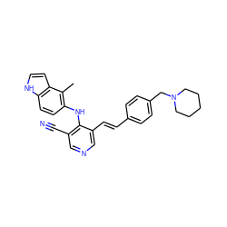 Cc1c(Nc2c(C#N)cncc2/C=C/c2ccc(CN3CCCCC3)cc2)ccc2[nH]ccc12 ZINC000049052093