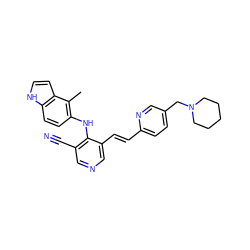 Cc1c(Nc2c(C#N)cncc2/C=C/c2ccc(CN3CCCCC3)cn2)ccc2[nH]ccc12 ZINC000049784899